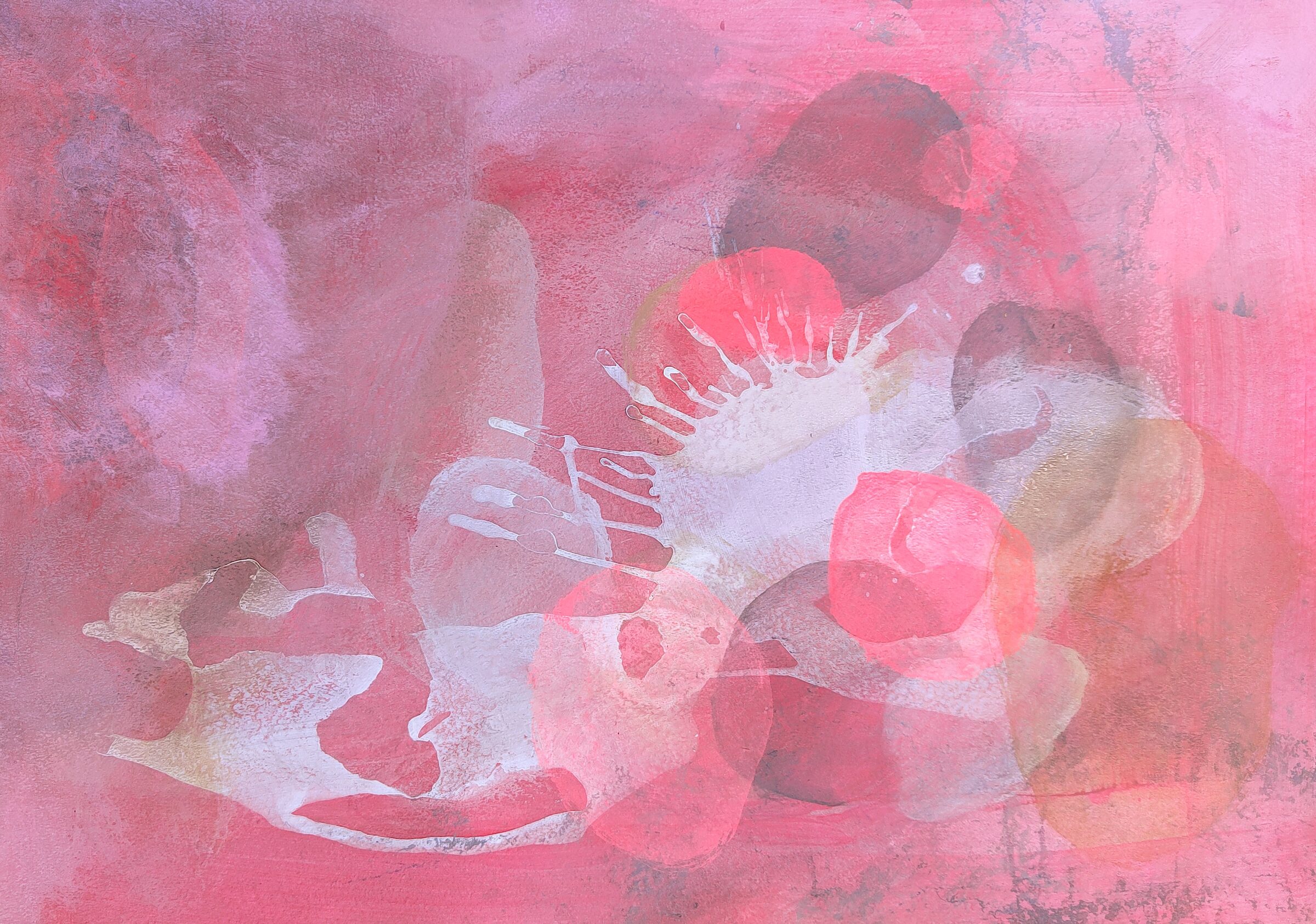 Painting by Fadi Elchamaa with layered pink and red fields, translucent circular forms and pale biomorphic shapes.