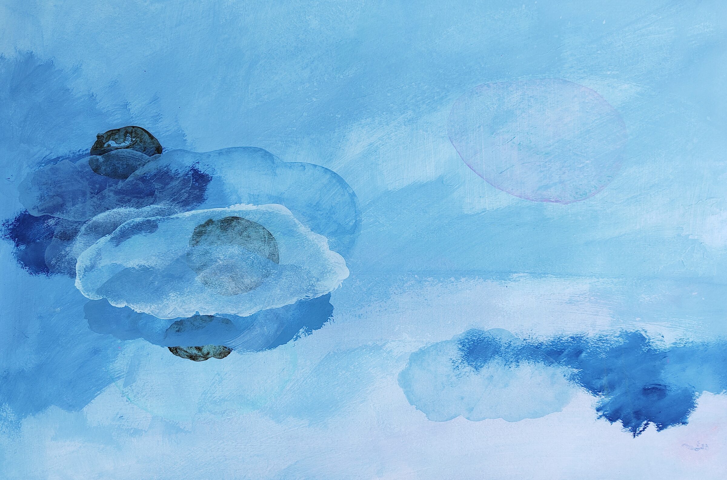 Painting by Fadi Elchamaa with dark blue biomorphic forms emerging across a pale blue layered field.