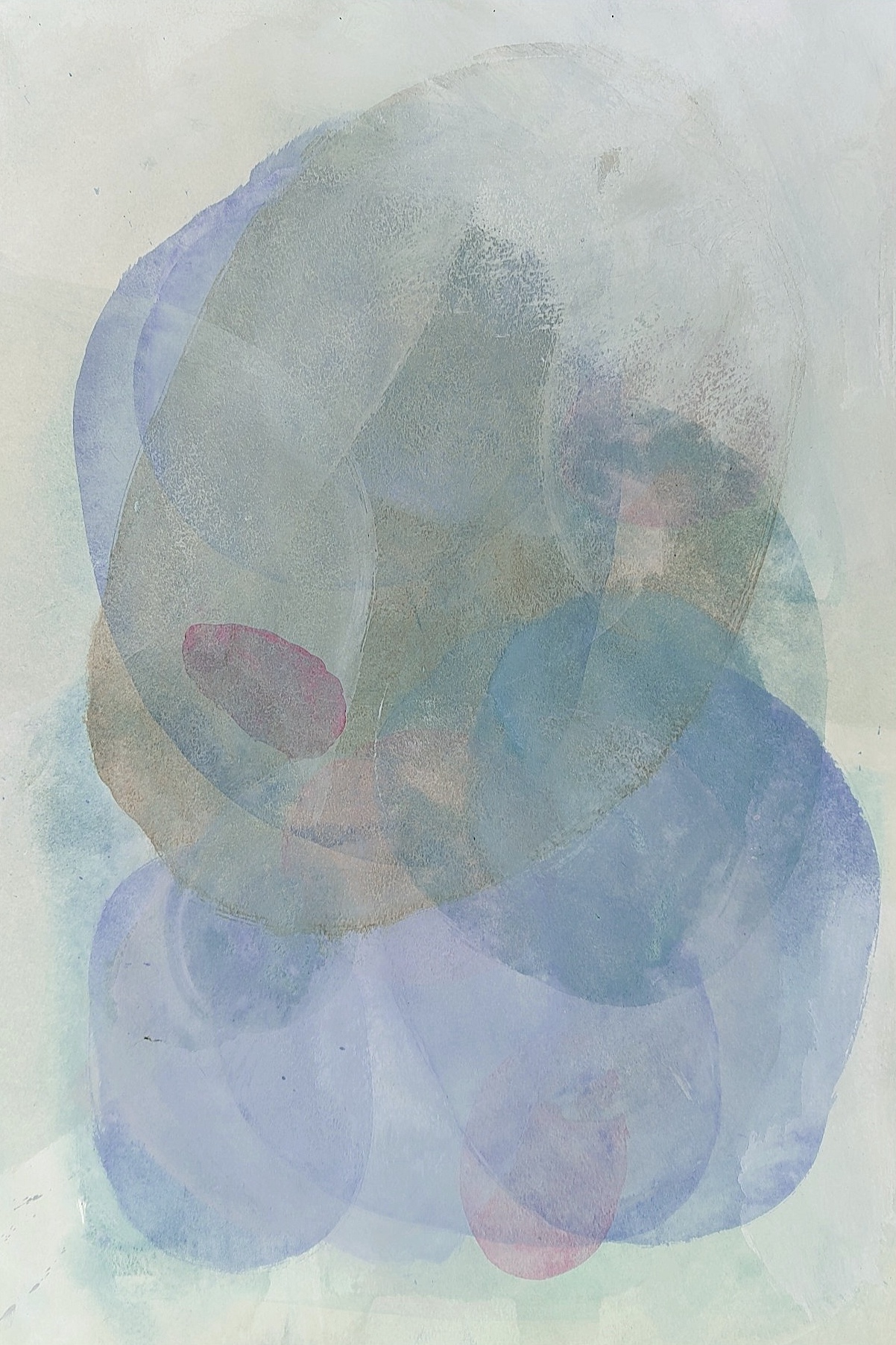 Painting by Fadi Elchamaa with translucent overlapping grey, blue and violet biomorphic forms on a pale ground.
