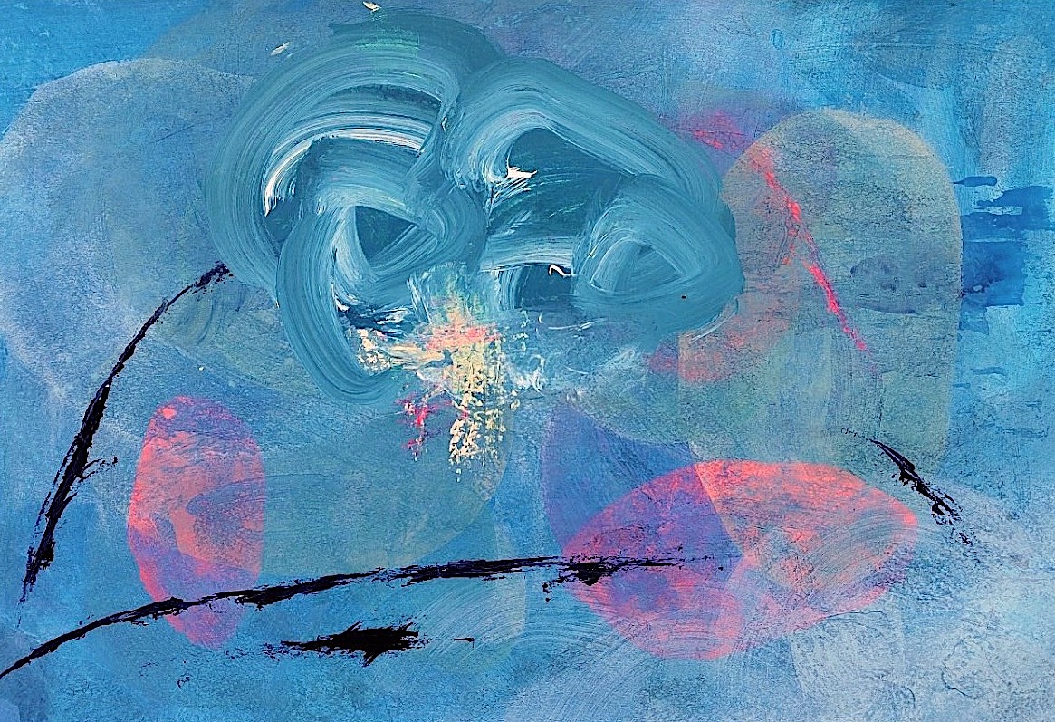 Painting by Fadi Elchamaa with blue biomorphic forms and pink circular shapes emerging from a layered blue pictorial field.