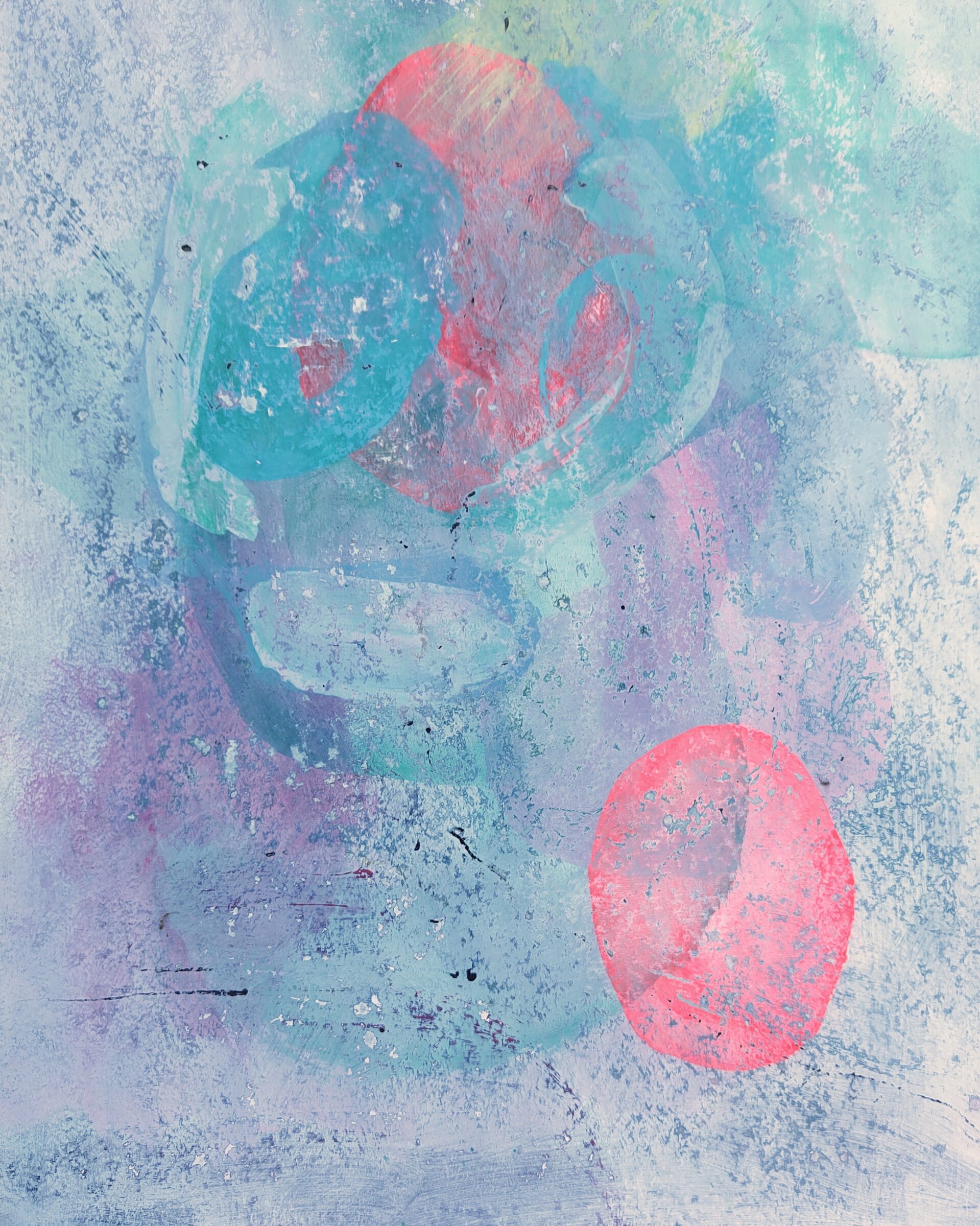 Painting by Fadi Elchamaa with layered turquoise, pale blue and pink forms, including two bright pink oval shapes.