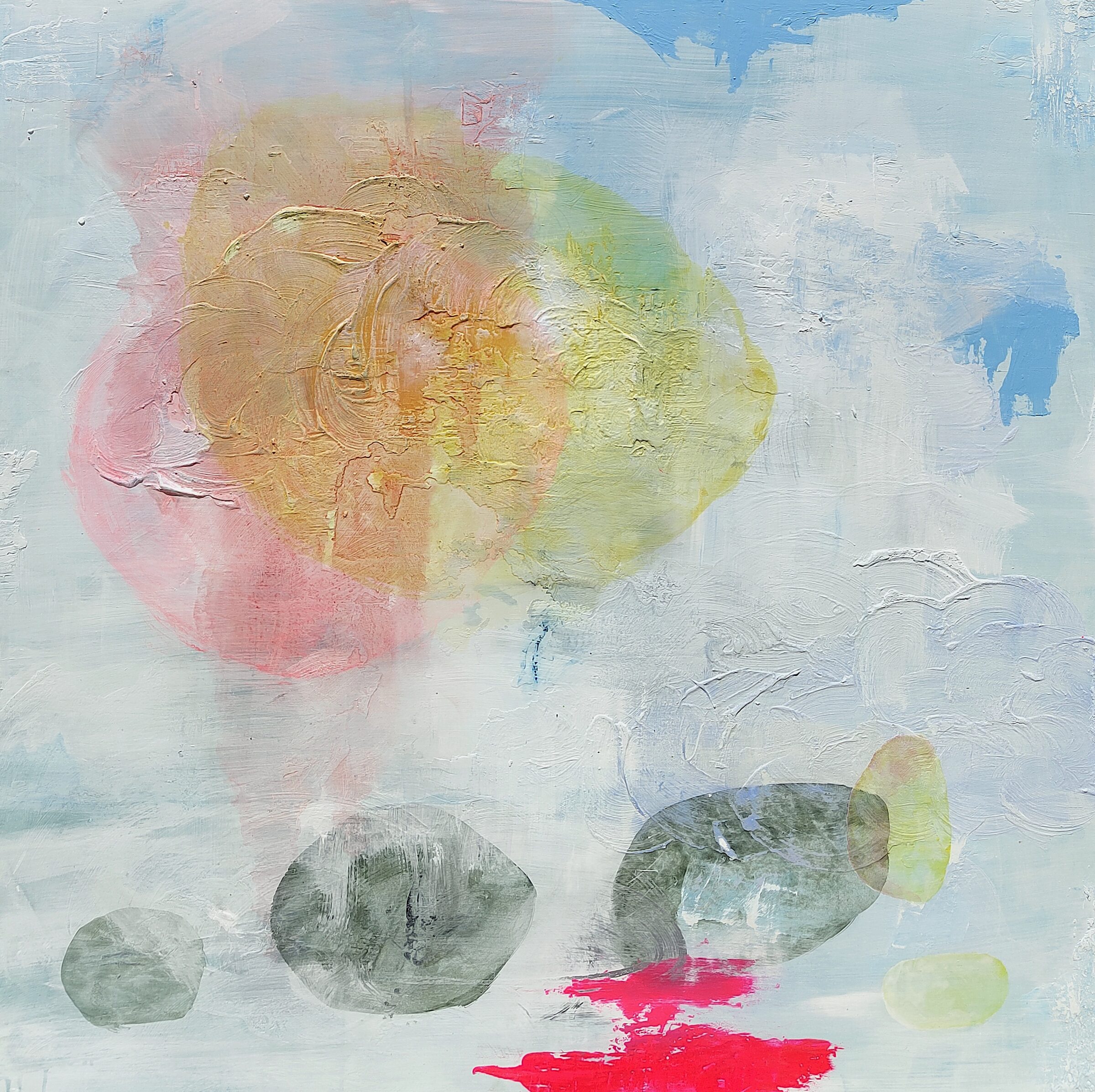 Painting by Fadi Elchamaa with translucent pink, orange and yellow-green forms above smaller grey-green ovals and vivid pink strokes on a pale blue ground.