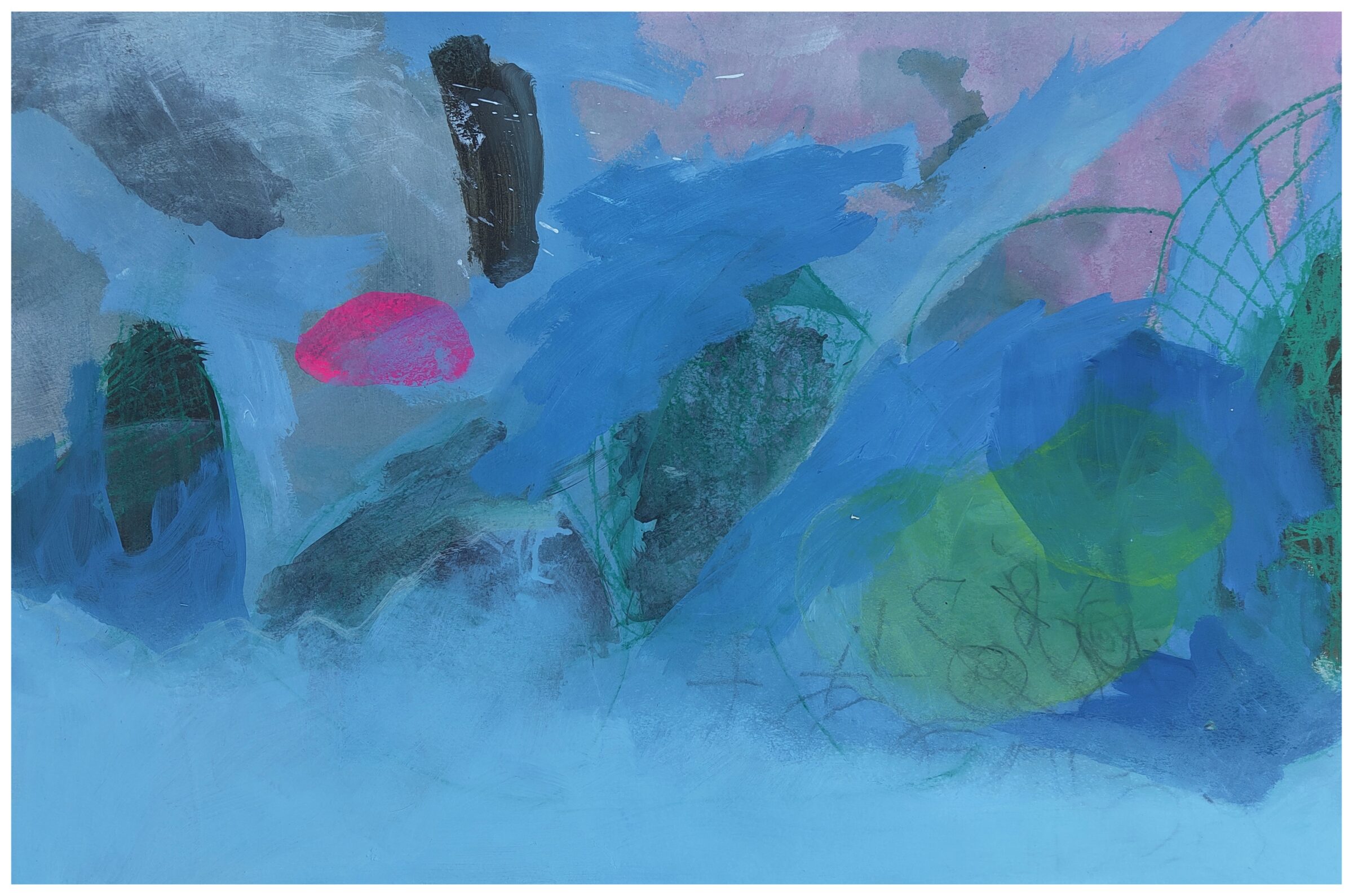 Painting by Fadi Elchamaa with layered blue fields, dark biomorphic shapes, a bright pink oval and translucent green forms.