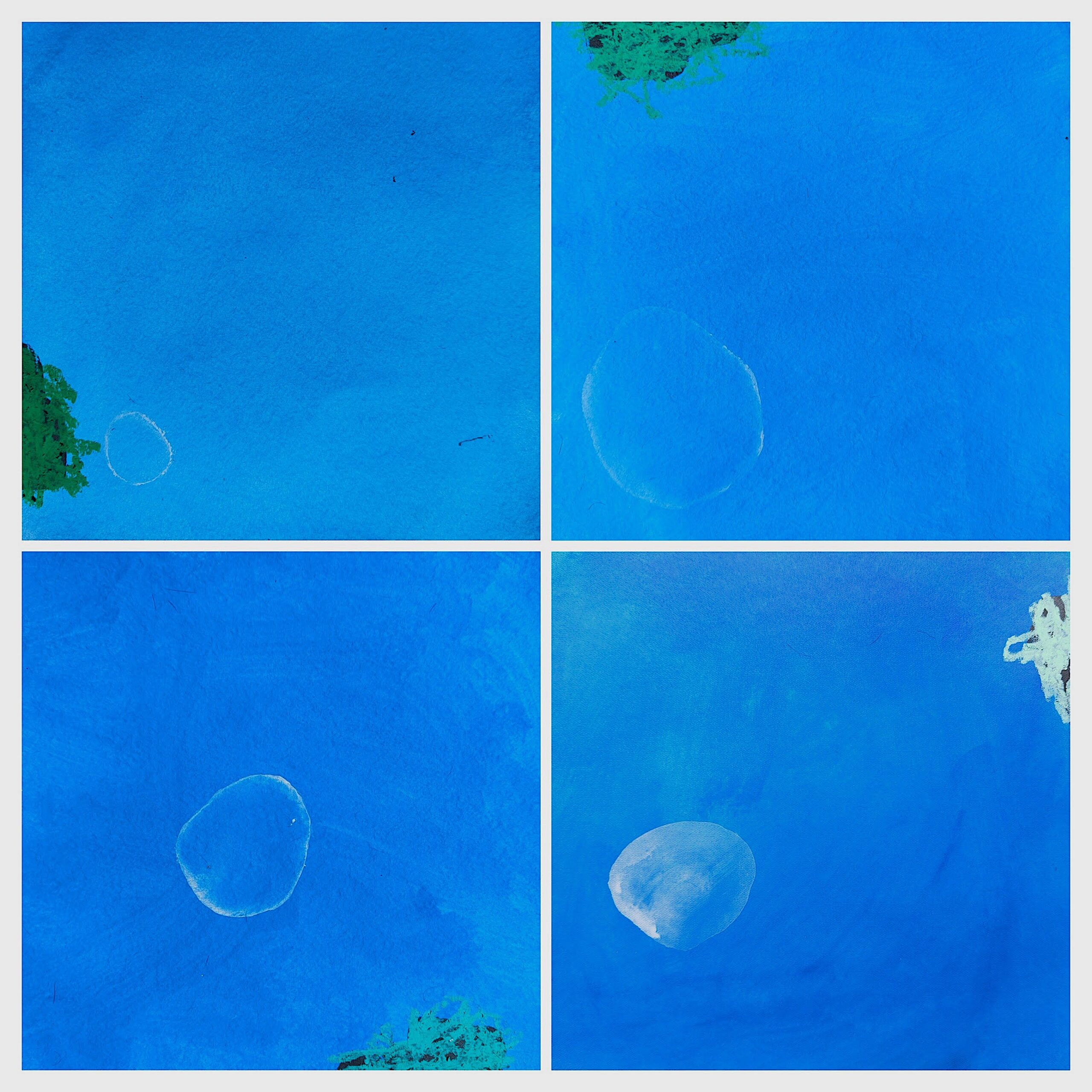 Painting by Fadi Elchamaa, Innominate #20123, comprising four blue panels with pale circular forms and green and white corner marks.