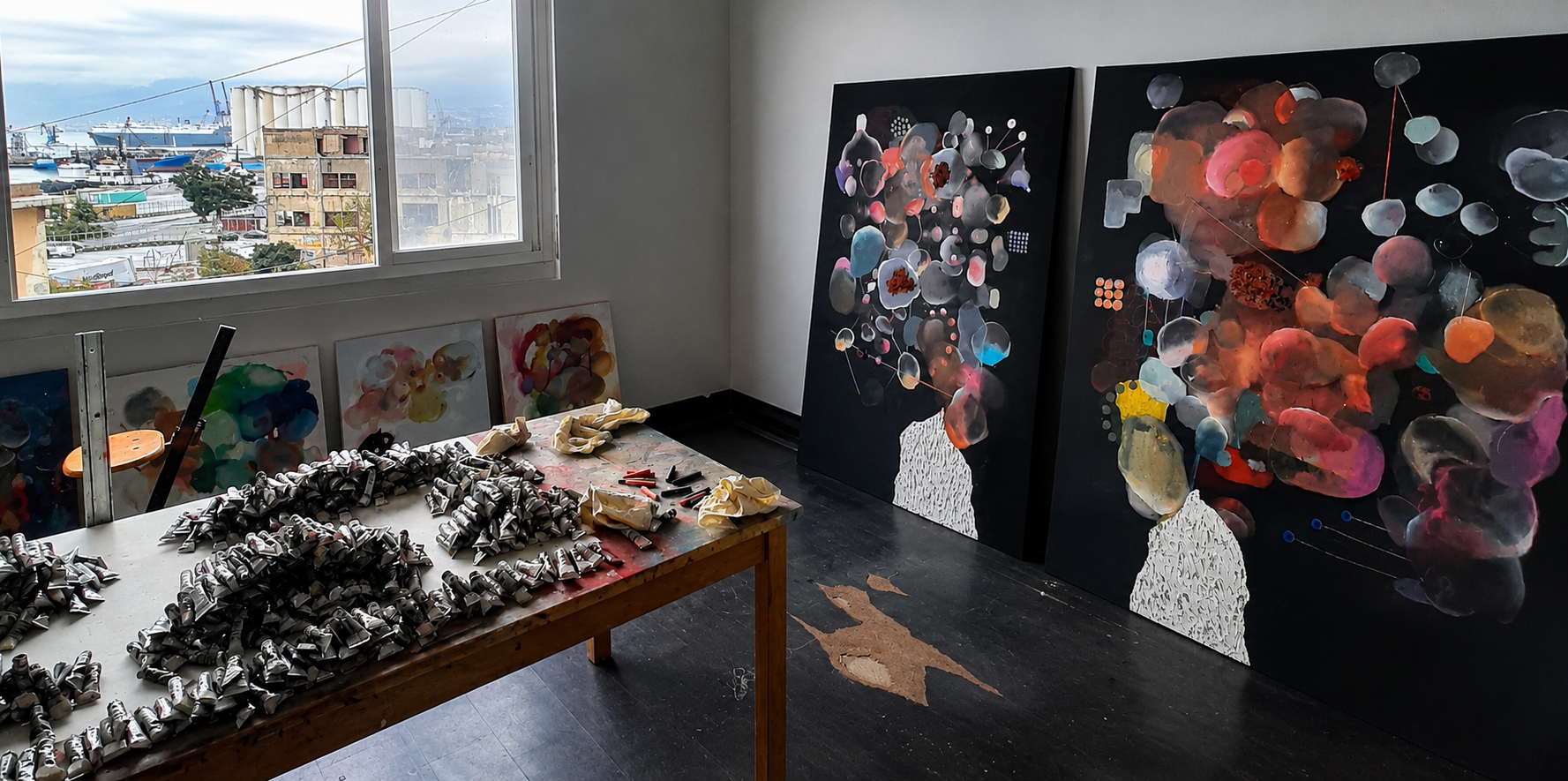 Studio view of paintings by Fadi Elchamaa in Beirut.