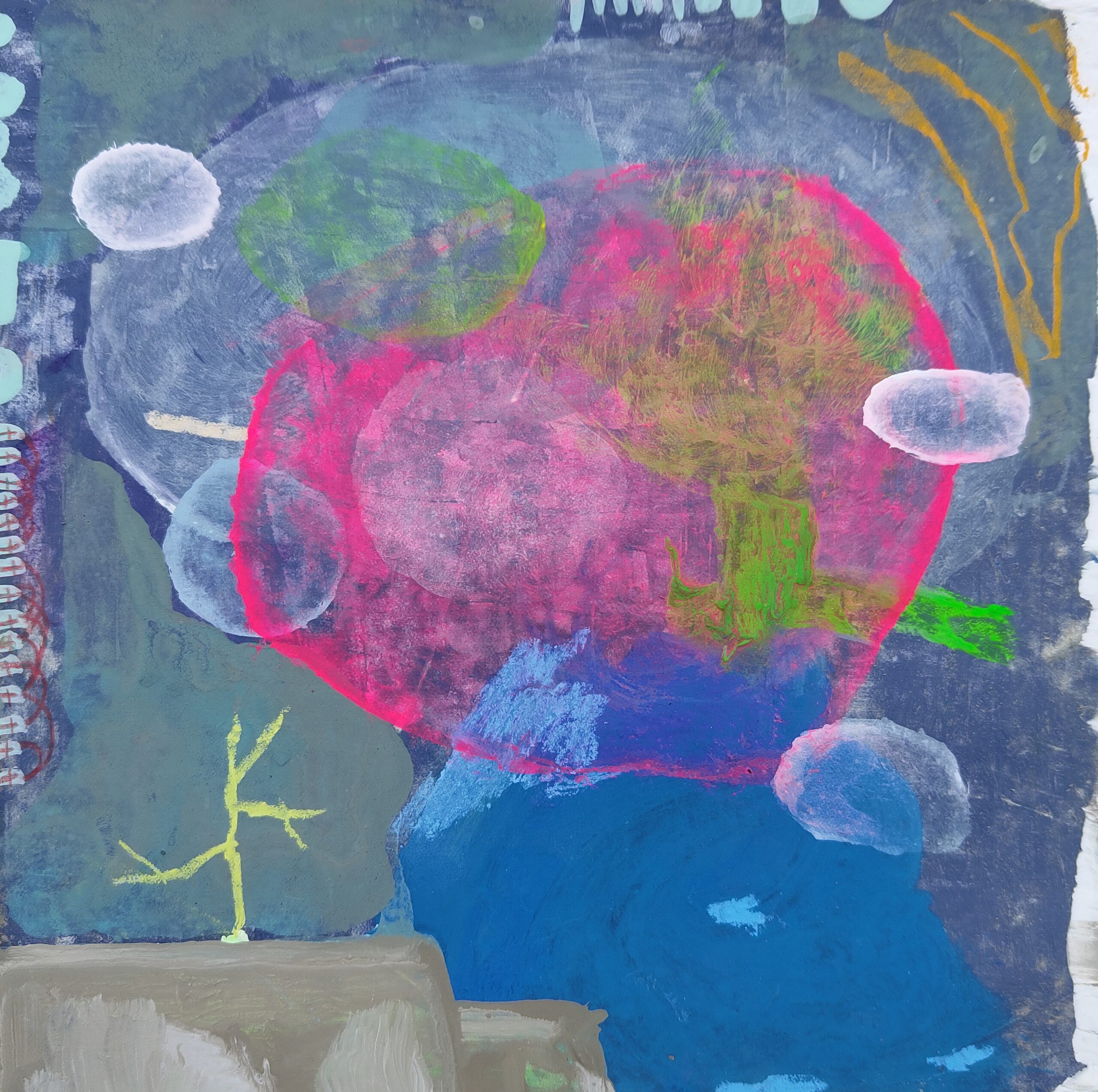 Painting by Fadi Elchamaa, Innominate #19991/b, with a vivid magenta oval on blue, surrounded by green, white and blue forms and yellow lines.