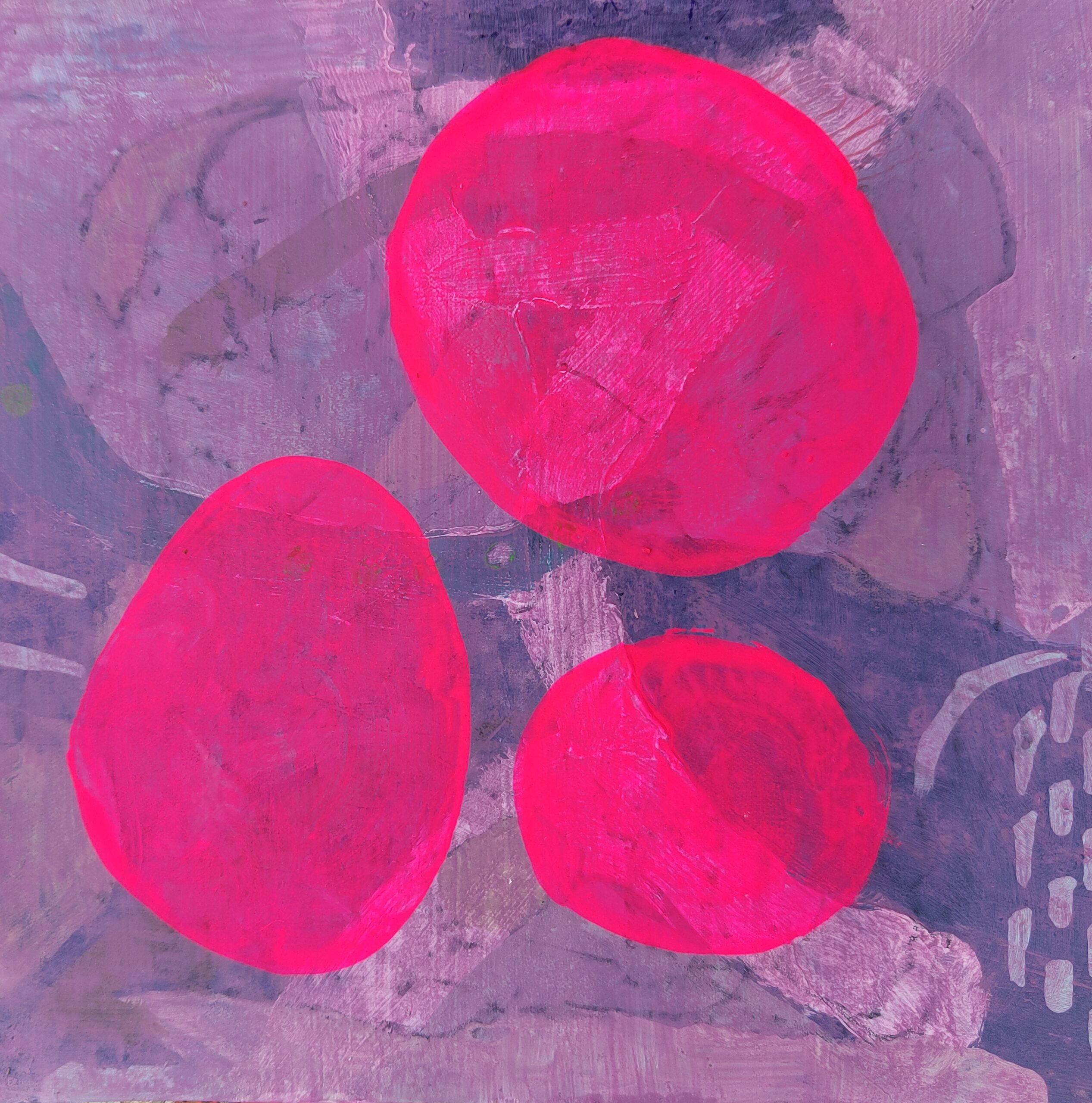 Painting by Fadi Elchamaa, Innominate #19997/b, with three neon-pink ovals on a muted purple-grey ground with pale linear marks.