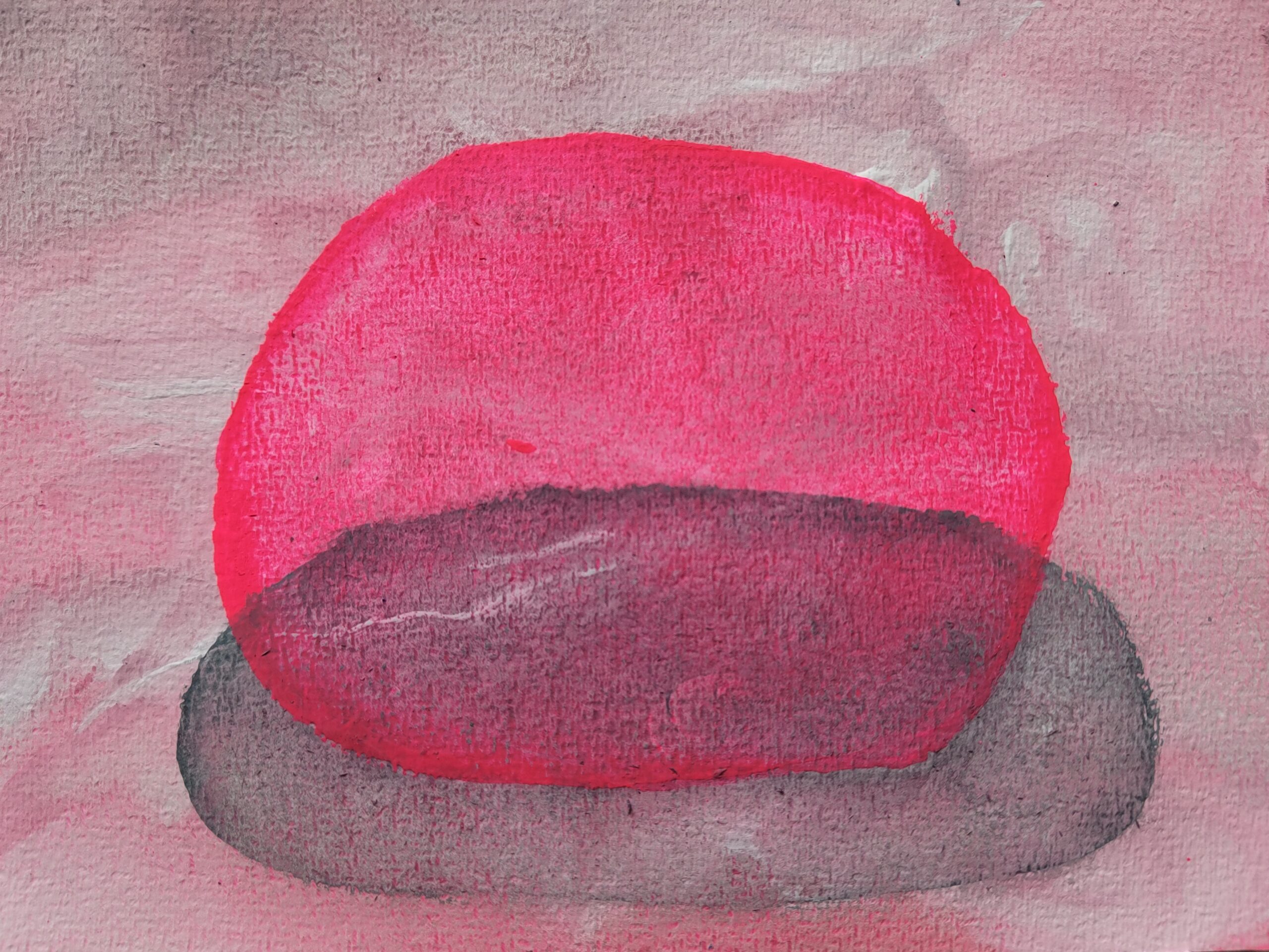 Painting by Fadi Elchamaa, Innominate #20029, with a neon-pink rounded form stacked above dark mauve ovals on a pale pink ground.