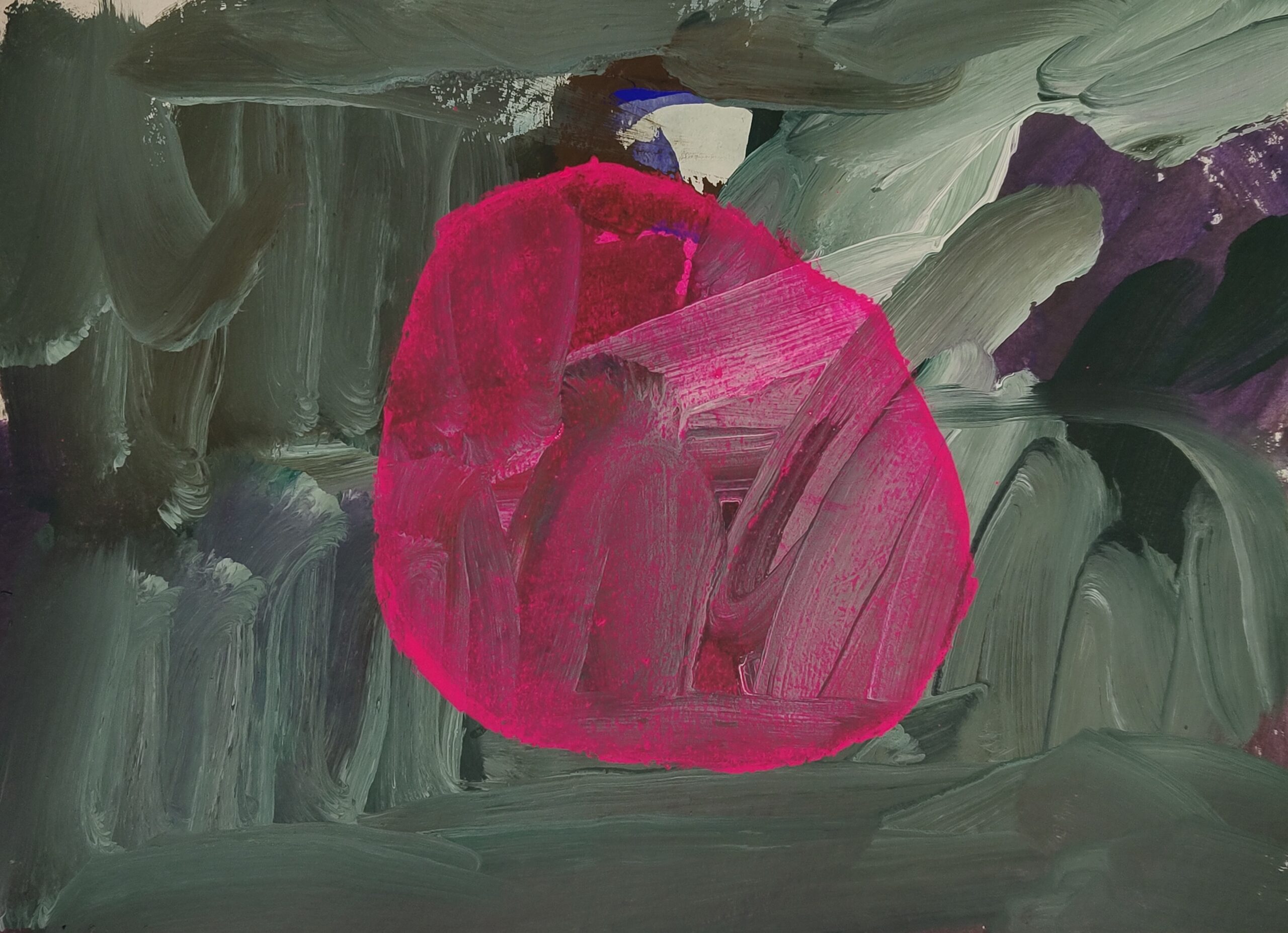 Painting by Fadi Elchamaa, Innominate #20047, with a central magenta oval over sweeping dark green, grey and purple brush bands.