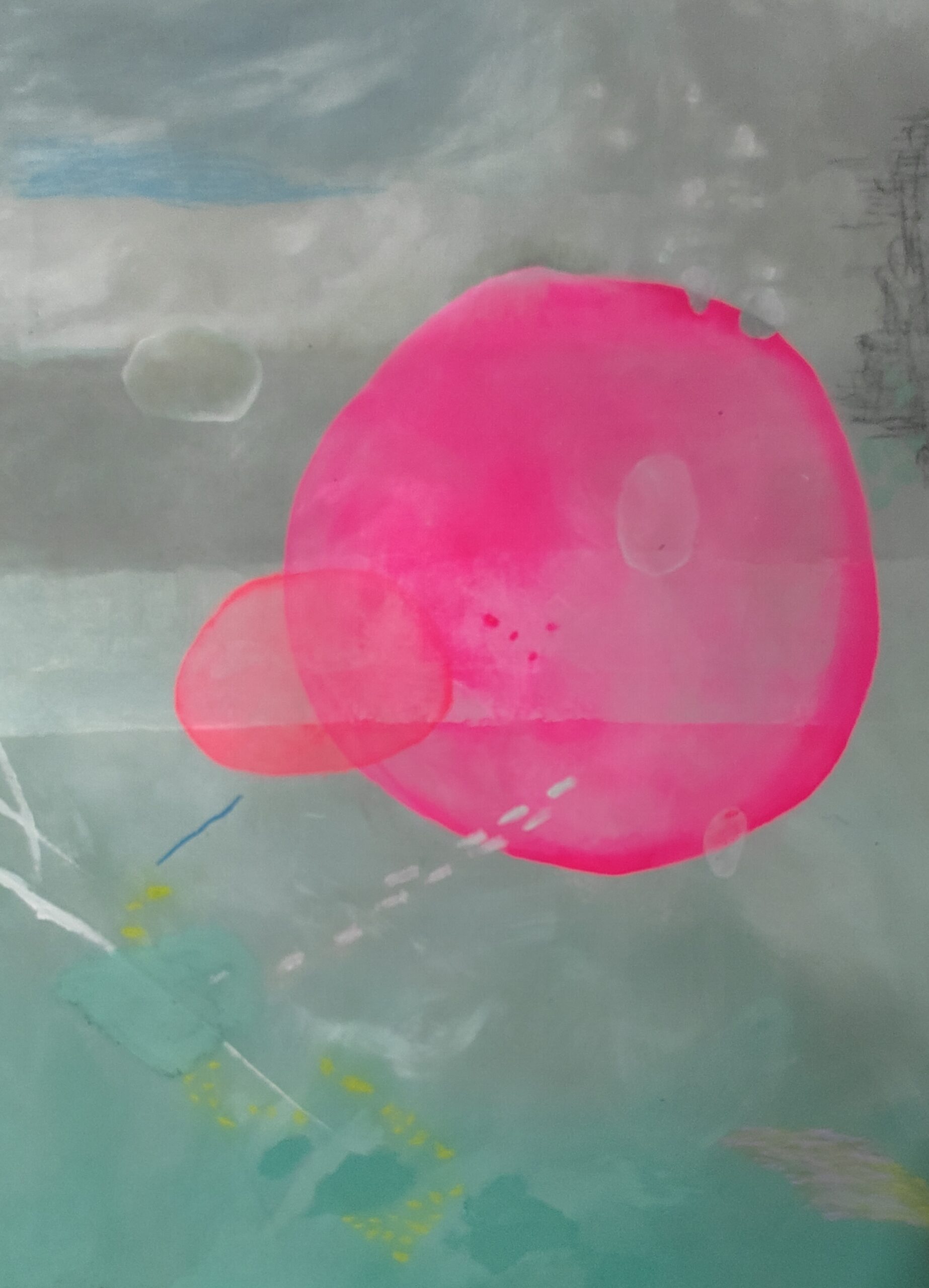 Painting by Fadi Elchamaa, Innominate #20051, with a large translucent neon-pink oval and smaller coral and pale forms on a grey-green field.