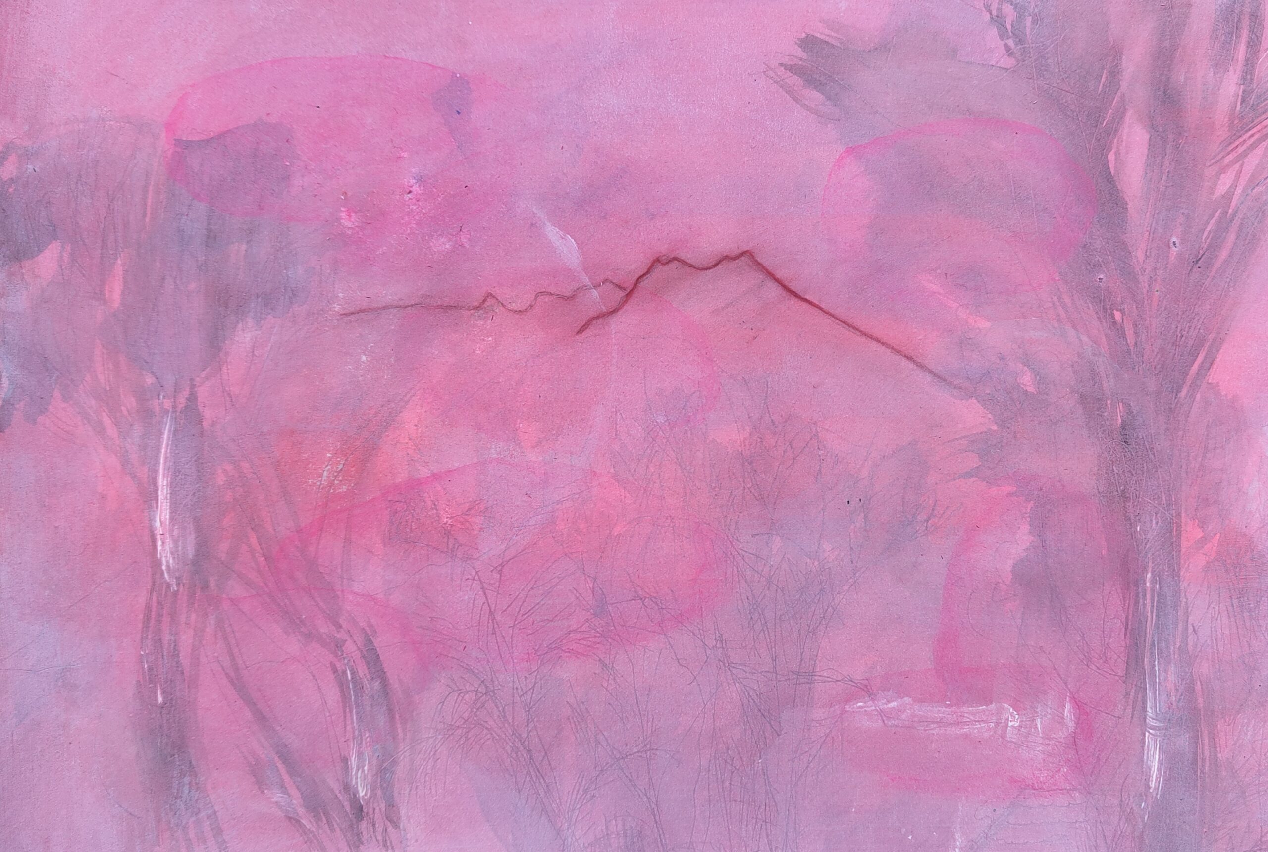 Painting by Fadi Elchamaa, Innominate #20101, with faint rectangular forms and an angular dark-pink line within a layered pink field.