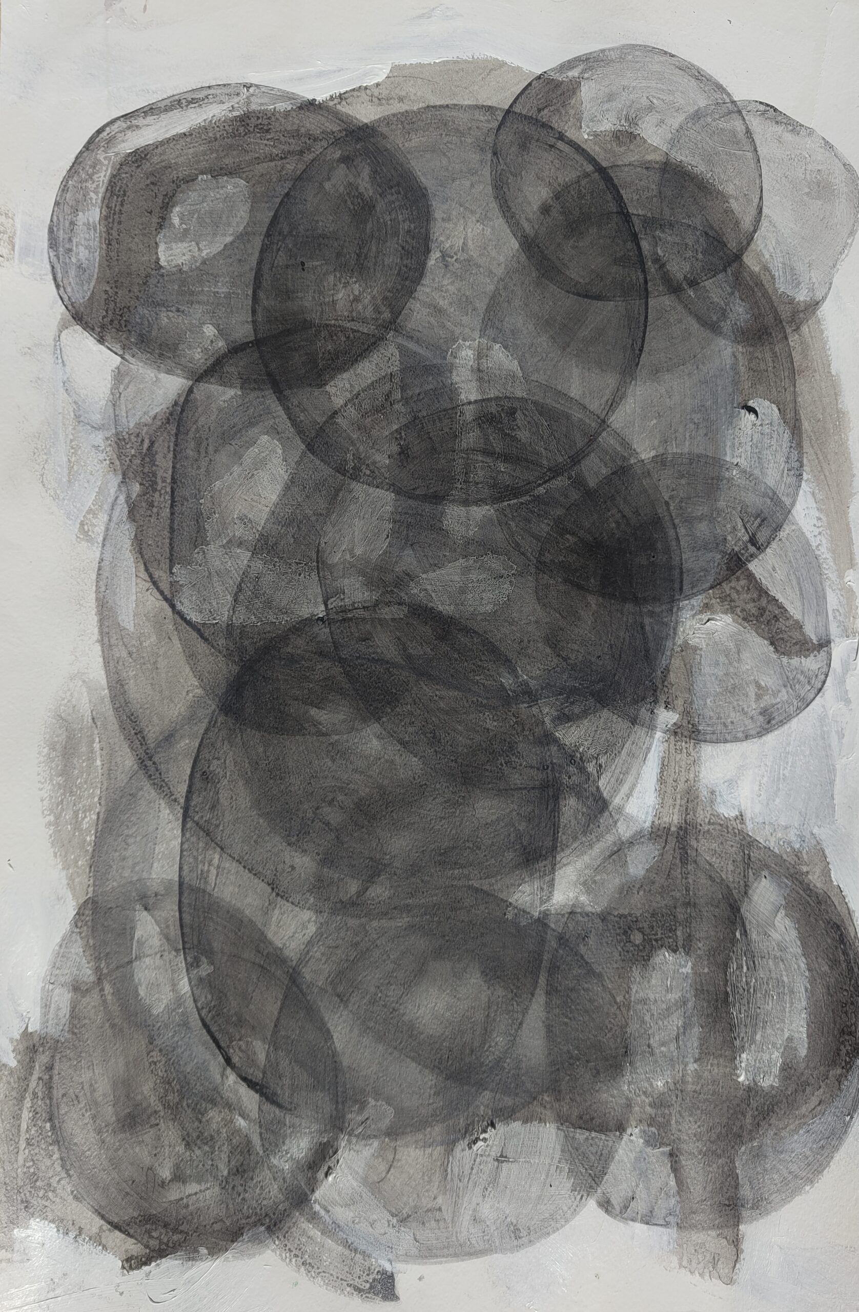 Painting by Fadi Elchamaa, Innominate #20173/a, with overlapping translucent charcoal ovals forming a vertical cluster on white.