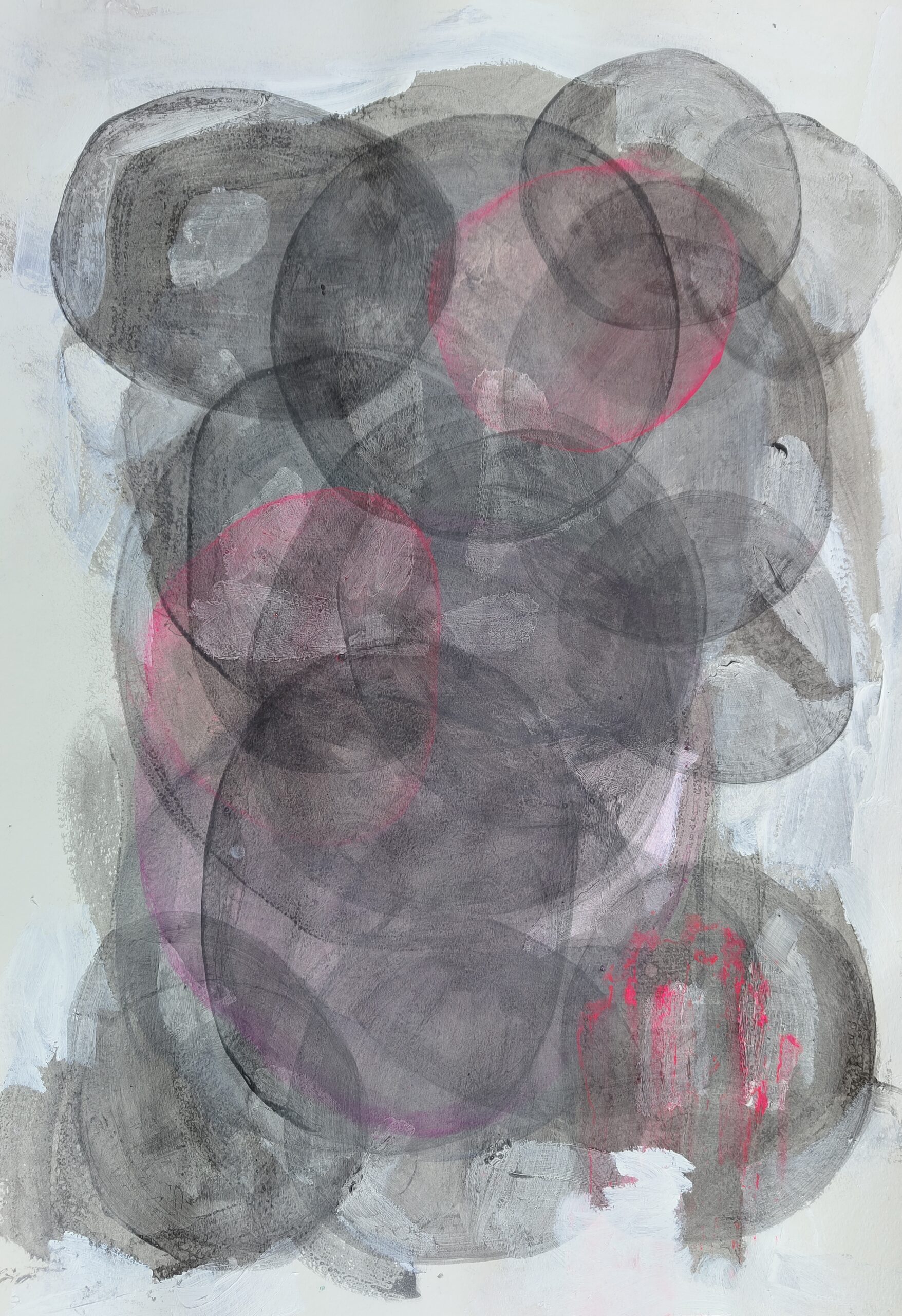 Painting by Fadi Elchamaa, Innominate #20173/b, with overlapping translucent charcoal ovals, thin pink rings and vivid pink marks on white.