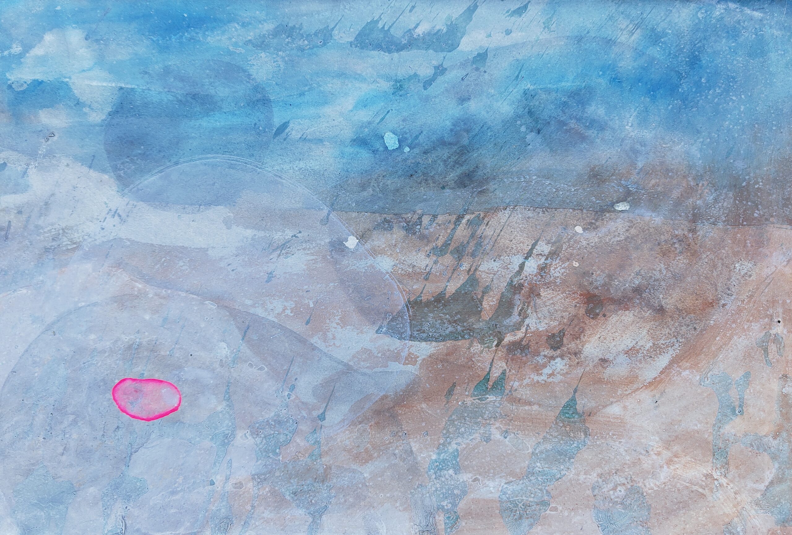 Painting by Fadi Elchamaa, Innominate #20287, with a pale blue, grey and tan field crossed by a small fluorescent-pink oval.