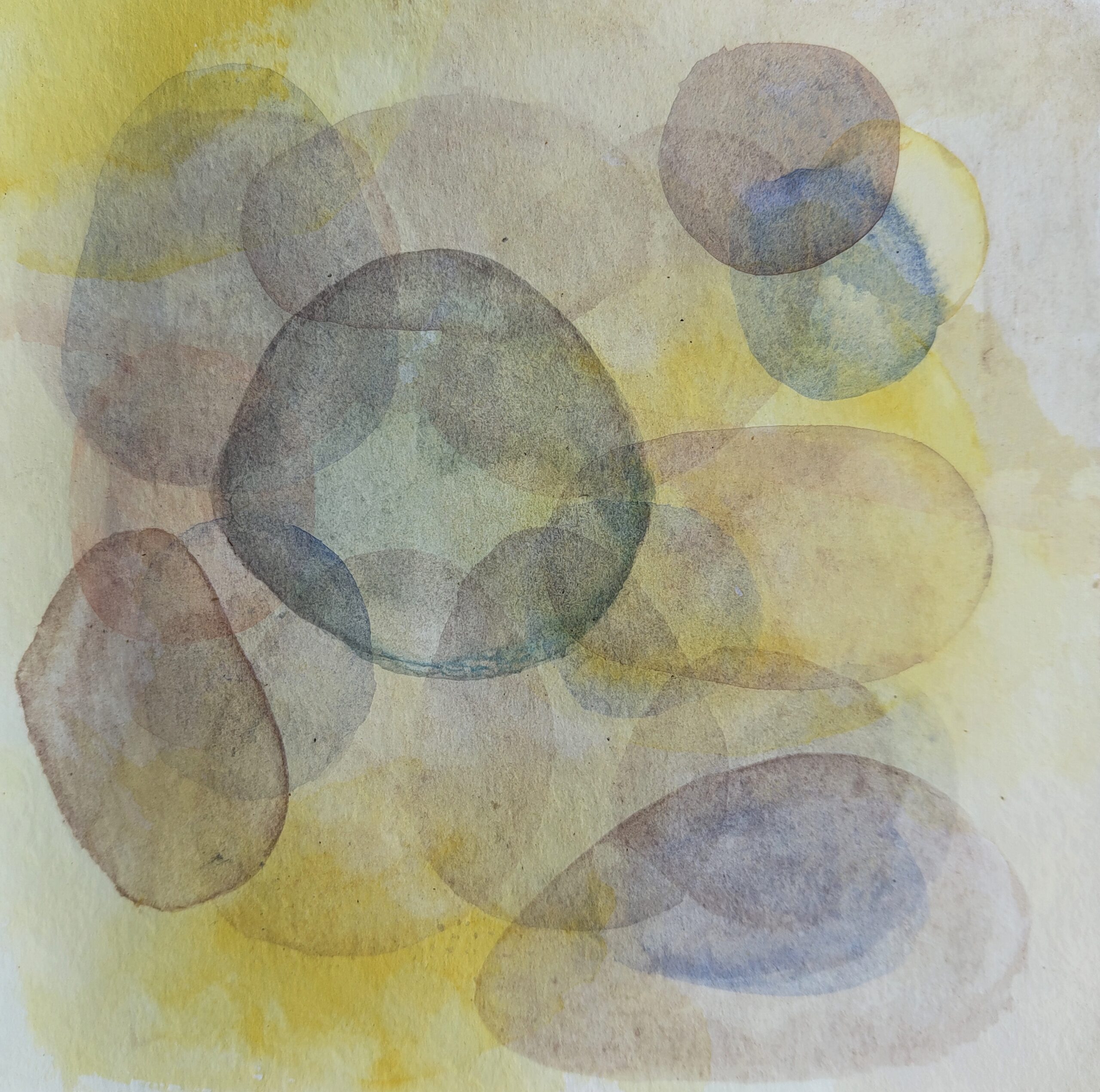 Painting by Fadi Elchamaa, Innominate #20357, with translucent grey, taupe and blue ovals layered over a pale yellow ground.