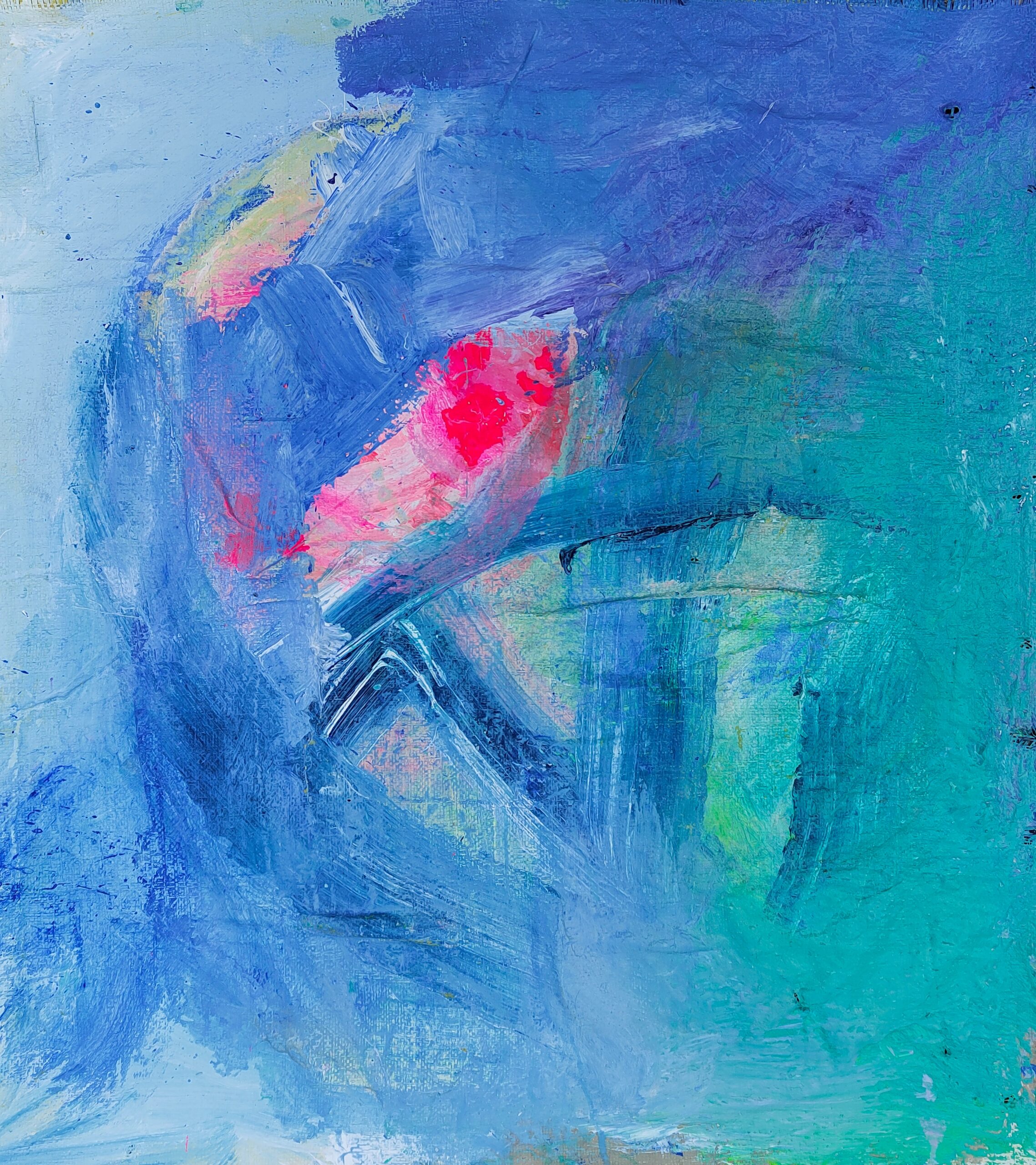 Painting by Fadi Elchamaa, Innominate #20443, with layered blue, turquoise and violet brush fields around bright pink central accents.