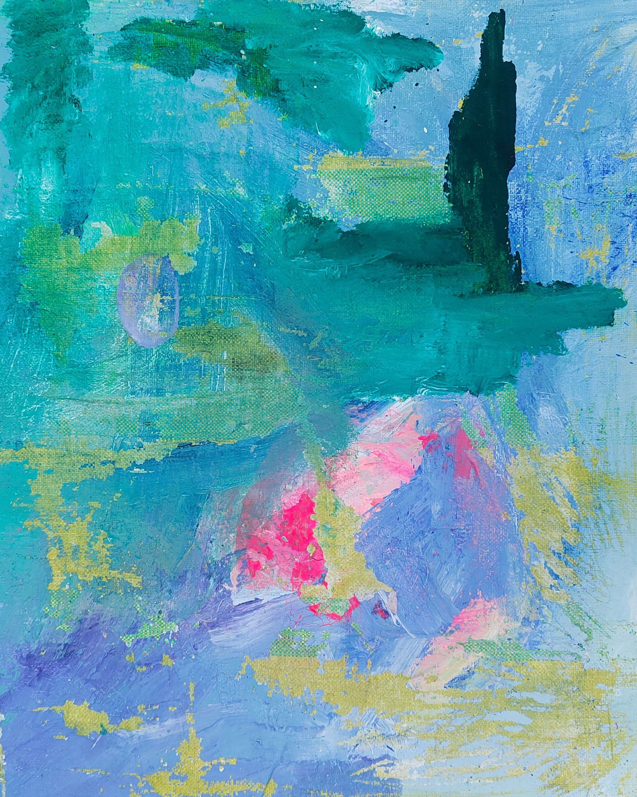 Painting by Fadi Elchamaa, Innominate #20479, with turquoise, green and blue fields, a tall black form and pink-lavender shapes below.