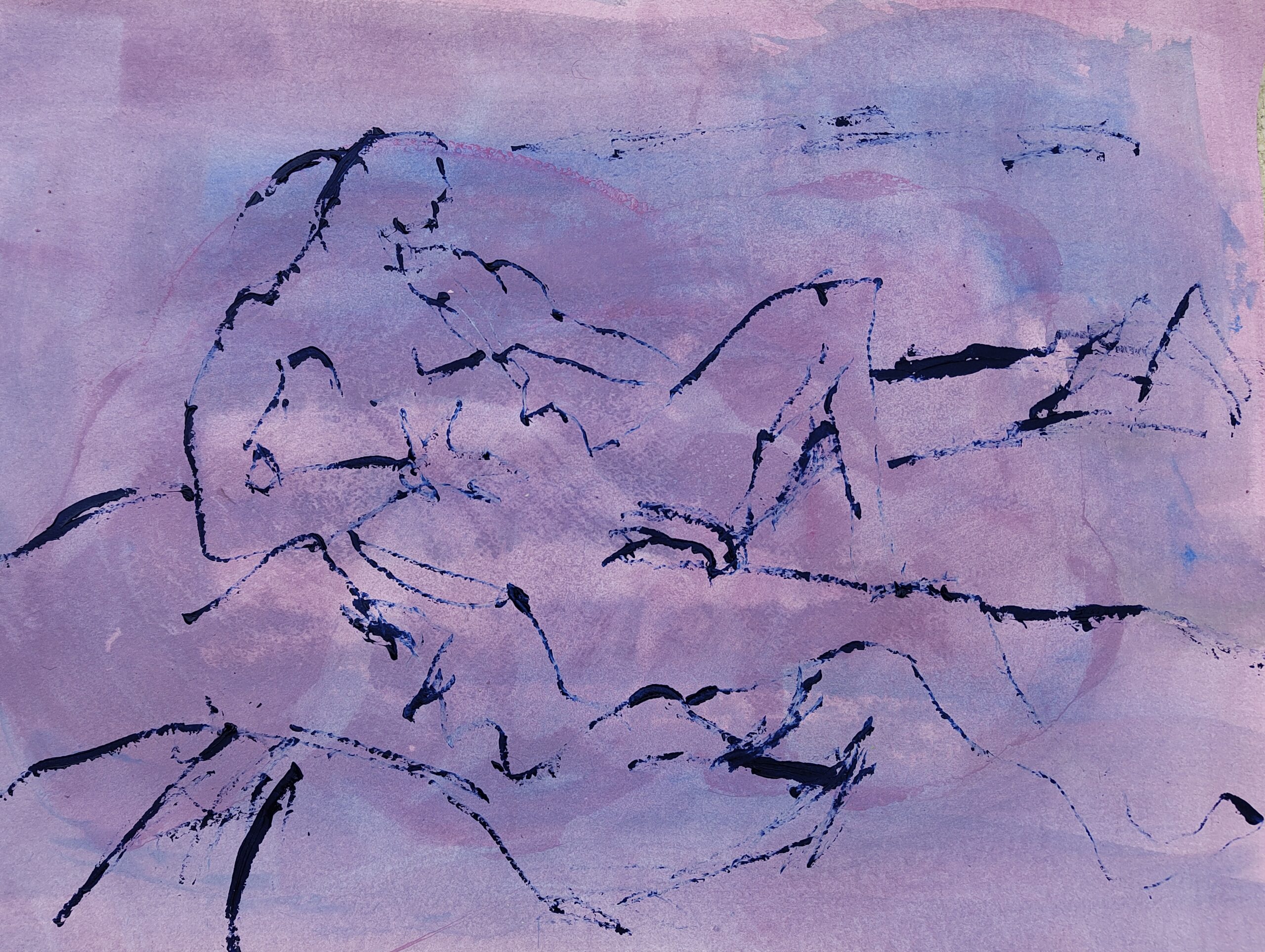 Painting by Fadi Elchamaa, Innominate #20981/a, with black gestural contours and faint blue-violet forms across a lavender-pink field.