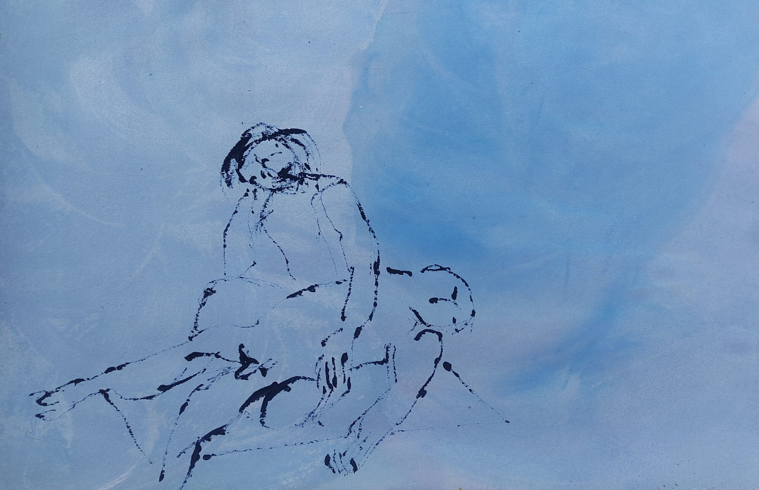 Painting by Fadi Elchamaa, Innominate #20981/b, with two loosely drawn figures in sparse black lines on a pale blue field.