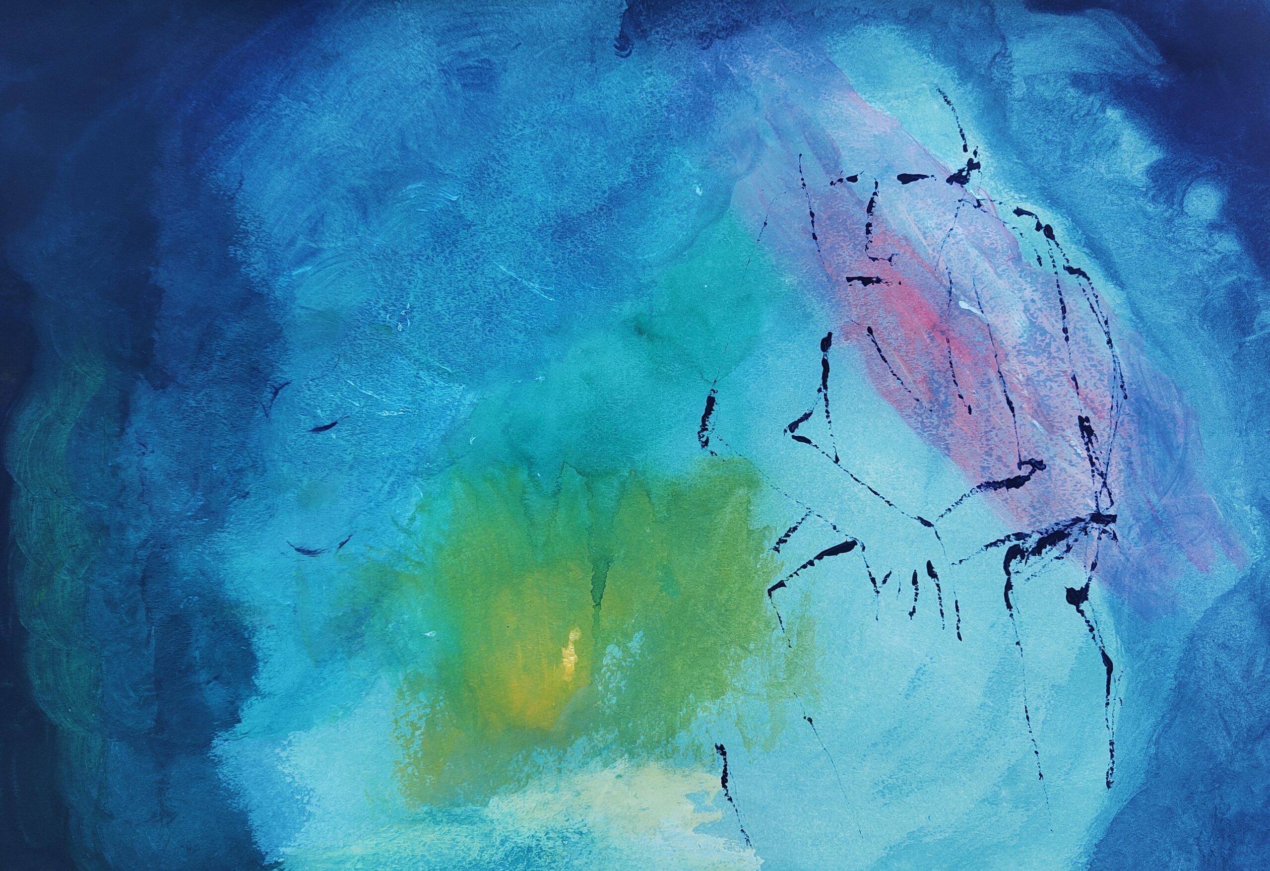 Painting by Fadi Elchamaa, Innominate #21011/a, with a black linear figure, a luminous green-yellow form and layered blue-turquoise fields.