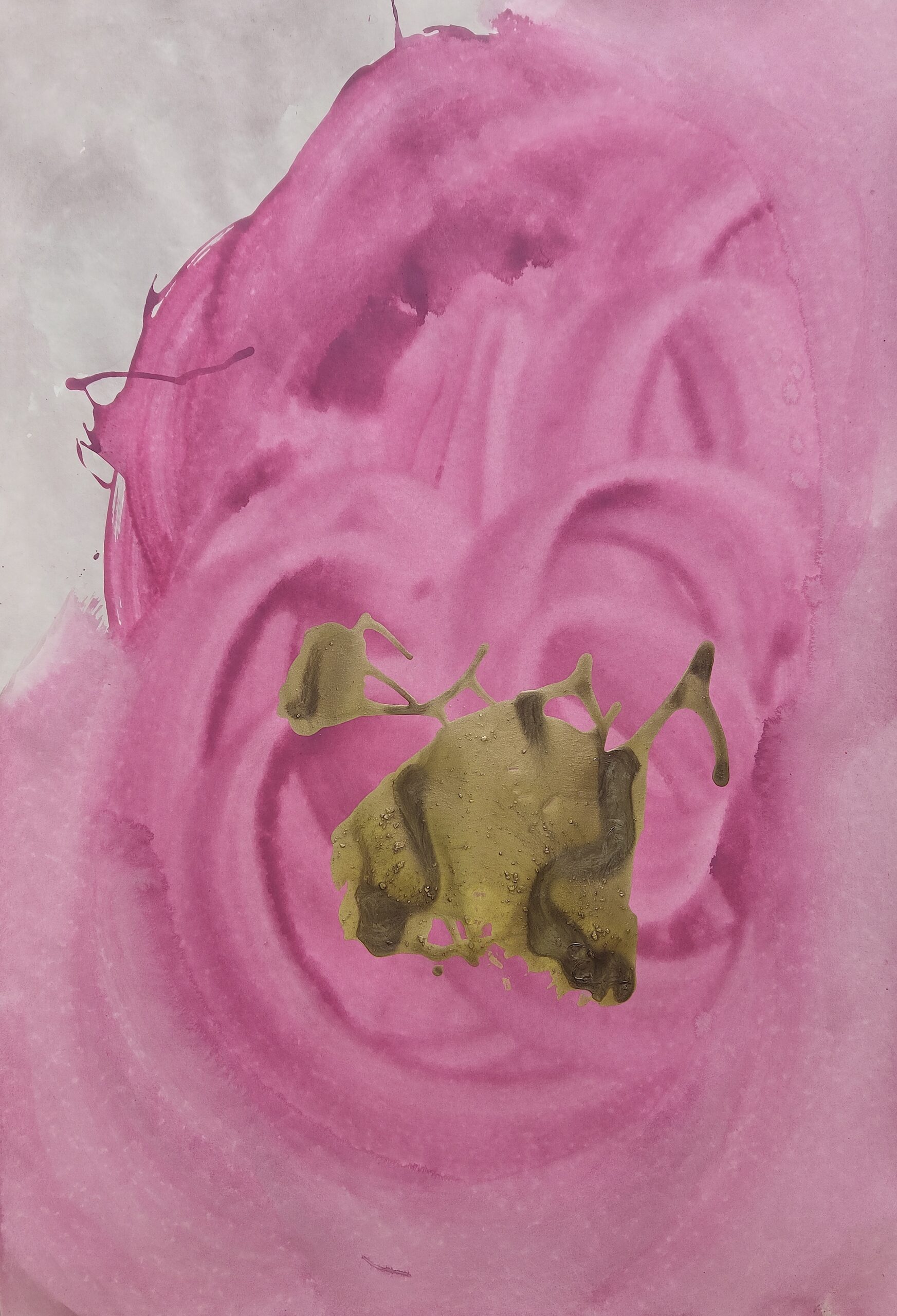 Painting by Fadi Elchamaa, Innominate #21011/b, with nested magenta contours and a small ochre biomorphic form on a violet-pink field.