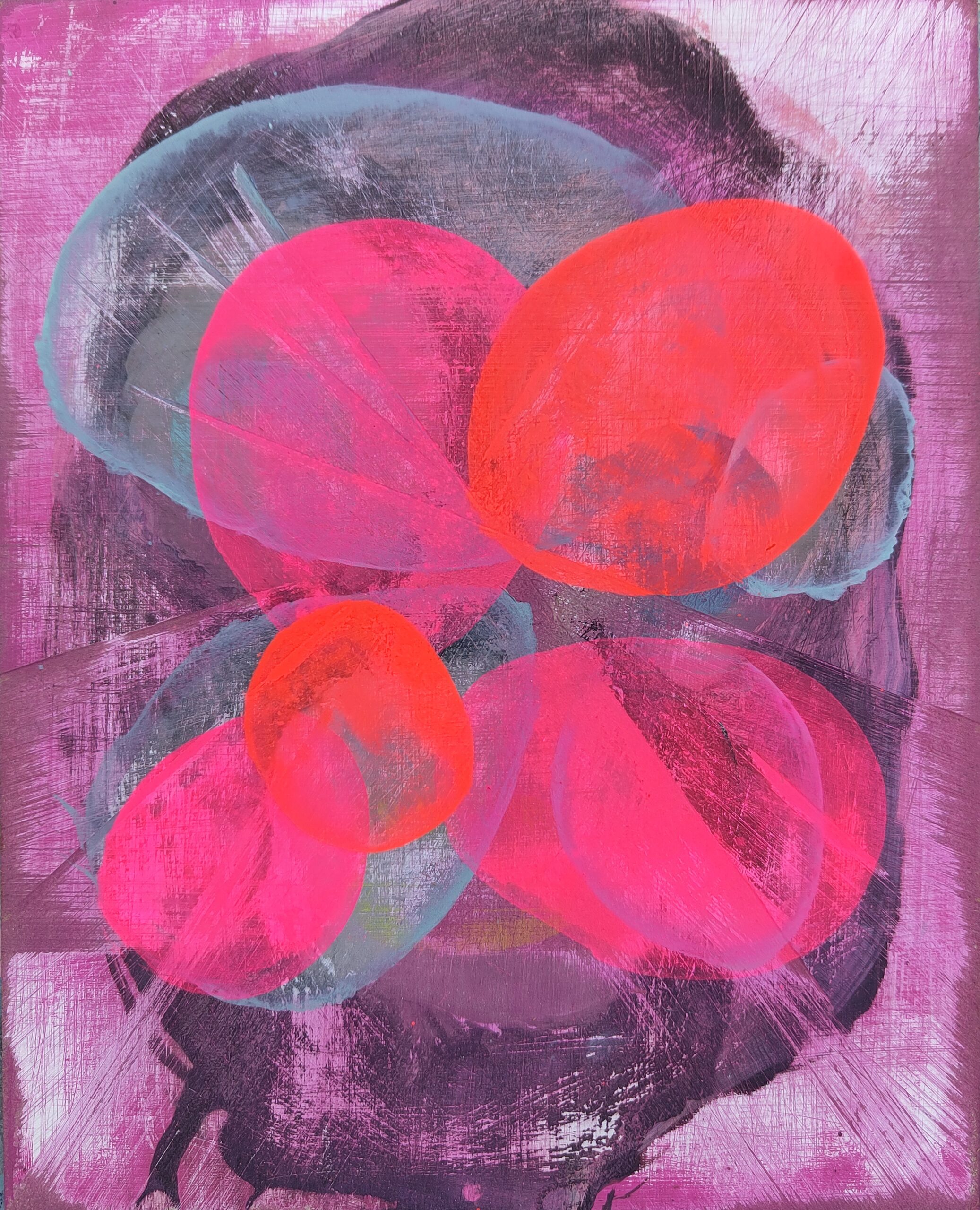 Painting by Fadi Elchamaa, Innominate #21101/b, with neon-pink and red ovals layered over black, turquoise and pink fields.