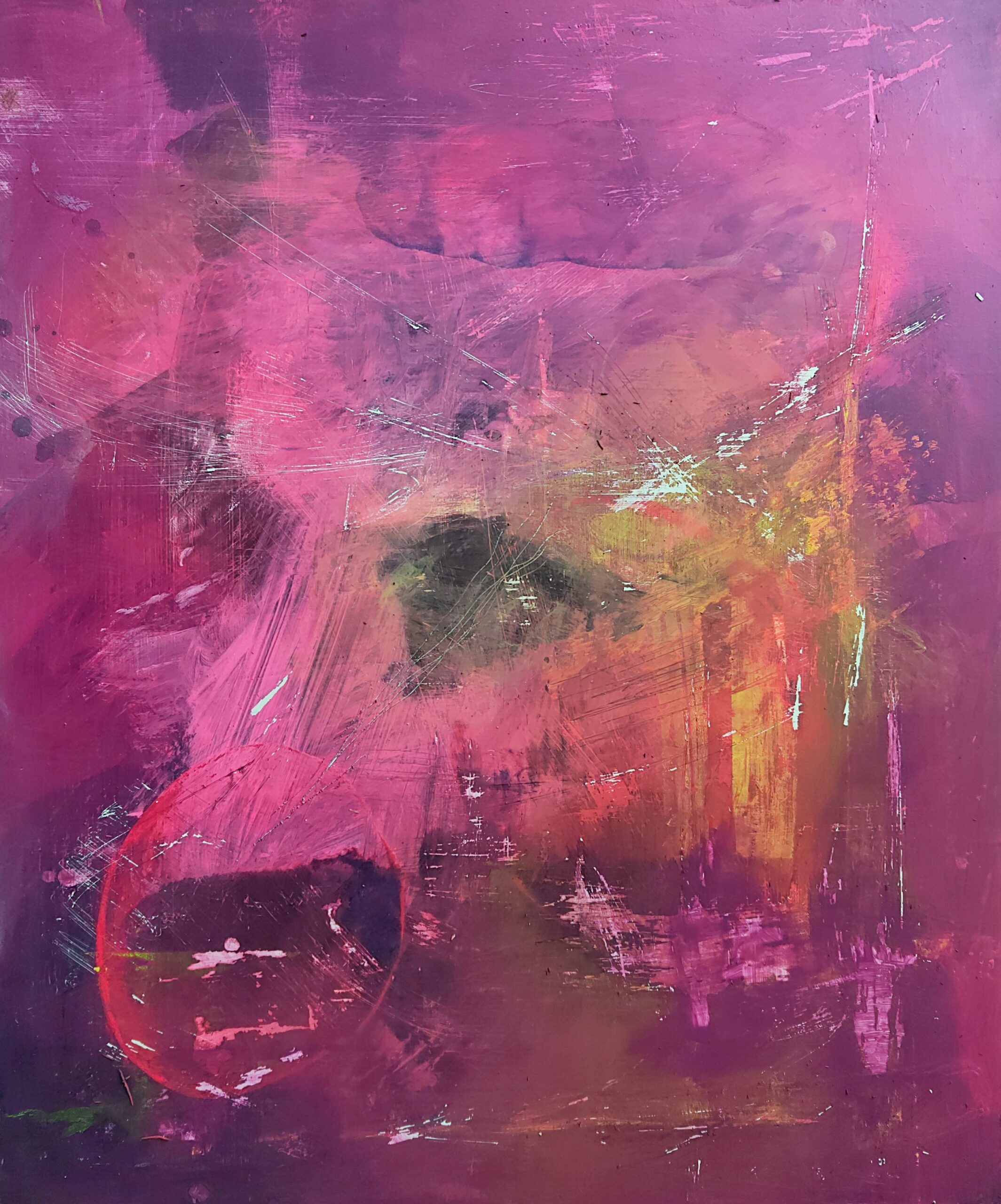 Painting by Fadi Elchamaa, Innominate #21121, with a saturated magenta field, an ochre glow, dark central forms and scratched white lines.