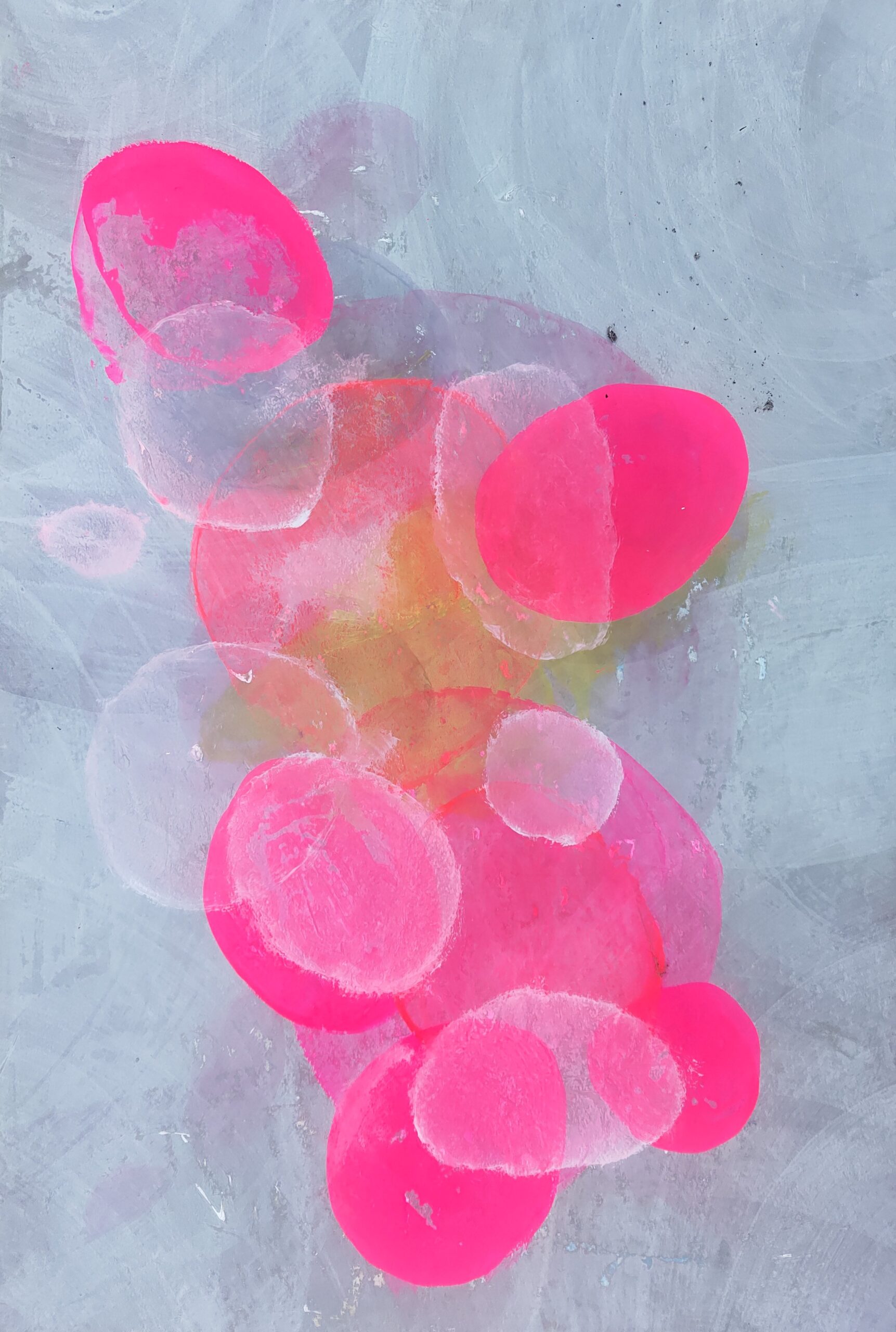 Painting by Fadi Elchamaa, Innominate #21163, with a cluster of neon-pink, coral and translucent ovals on a pale grey ground.