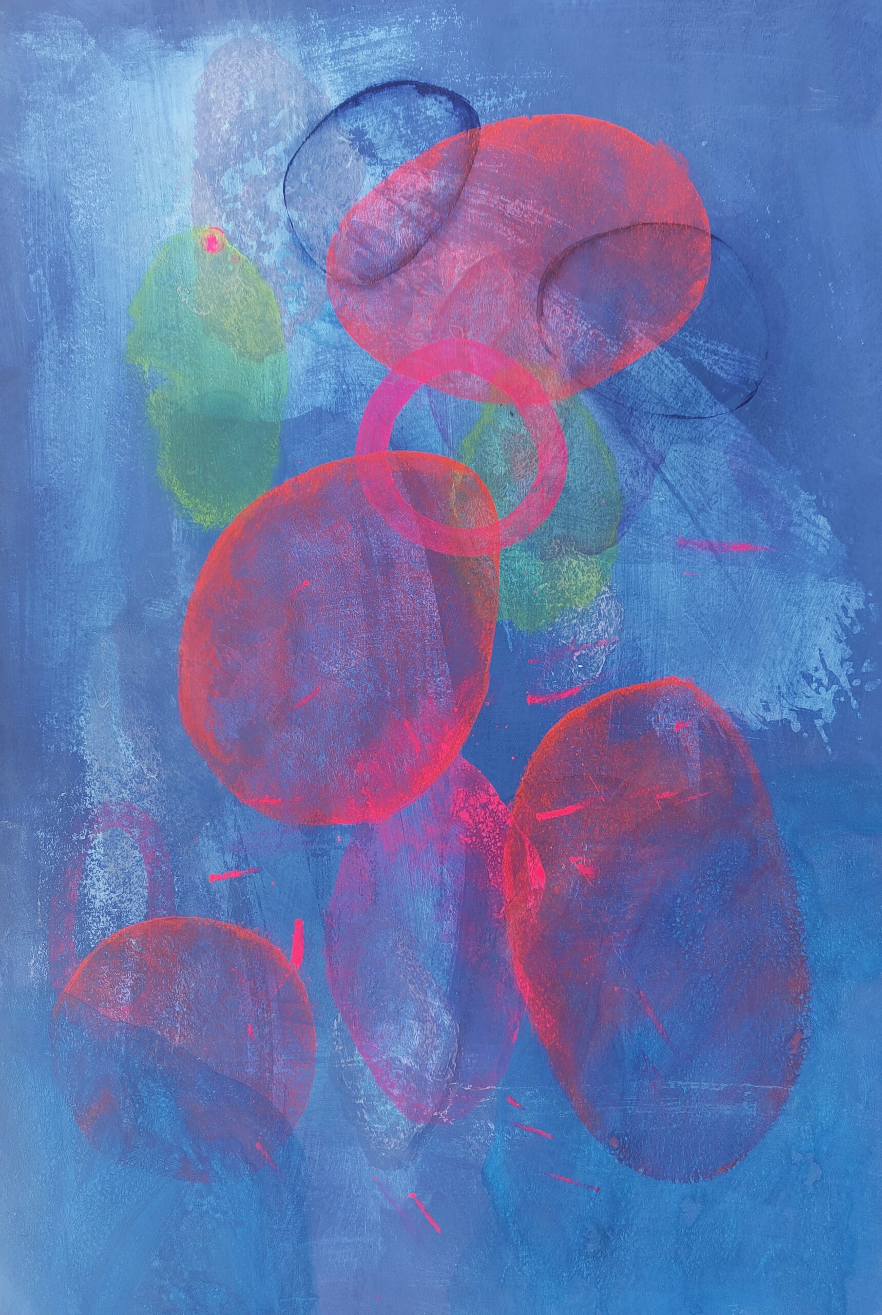 Painting by Fadi Elchamaa, Innominate #21179, with overlapping magenta and indigo ovals and green forms on a vertical blue ground.